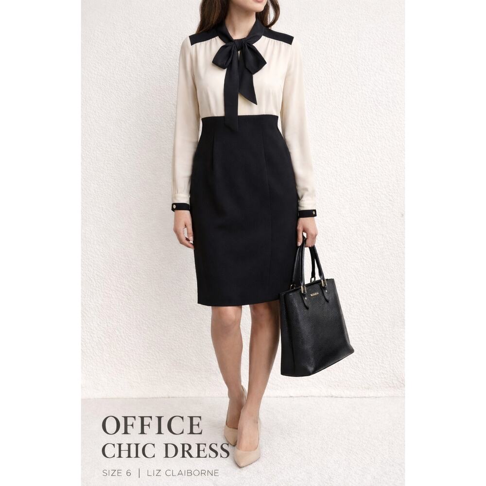 Liz Claiborne Black Cream Colorblock Tie Neck Dress Size 6